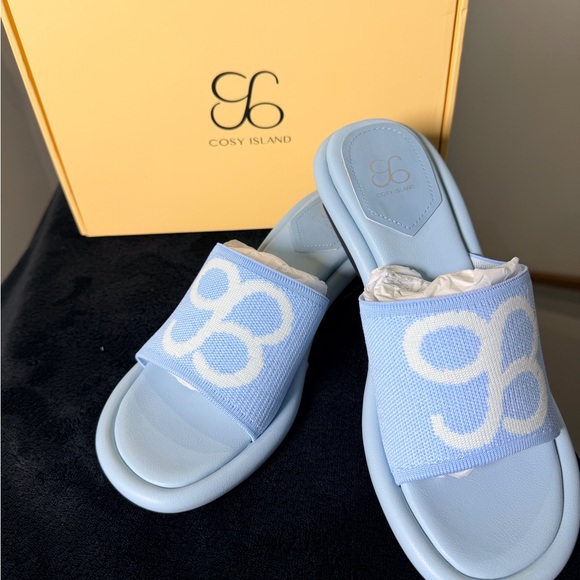 Cosy Island Shoes - Cosy Island Light Blue Knit Logo Slide Sandals